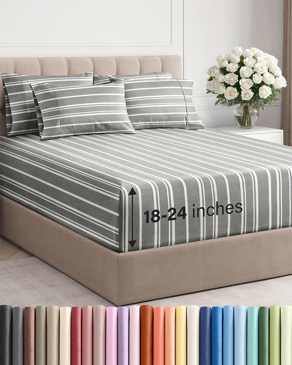 Skiennix Extra Deep Queen Sheet Set - 6 Piece Cooling Sheets for Luxurious Comfort - Soft, Wrinkle-Free, Grey Stripes