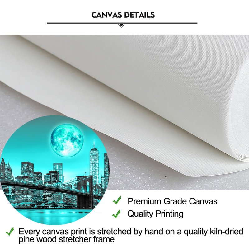iKNOW FOTO Black White New York Canvas Prints Full Moon Night in Manhattan Picture Brooklyn Bridge Wall Art Modern Gallery Wrapped Canvas Print for Home and Office Decoration 20x48 Inches (Teal)