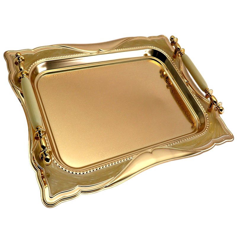 Maro Megastore 14.2 inch x 10.2 inch Rectangular Iron Gold Plated Serving Tray with Handles Floral Amber Edge Decorative Party Candles Birthday Buffet Decor Platter Plate Base Dish FST-024