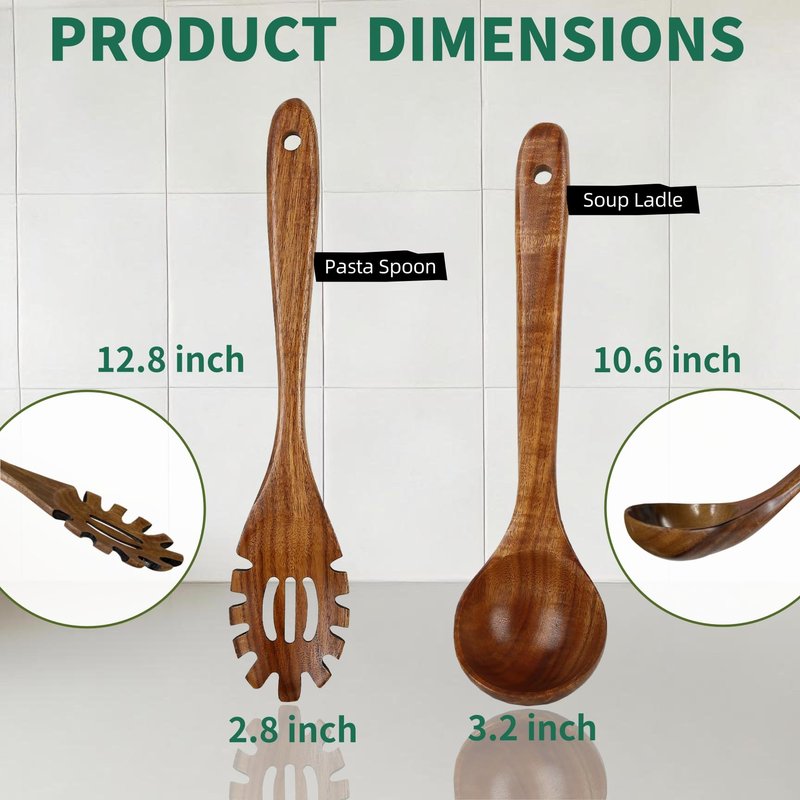KAQISE Wooden Ladle for Soup, Pasta Spaghetti Spoon with Teeth, Teak Slotted Strainer Spoon for Serving Noodle, Wooden Pasta Fork Server Kitchen Utensils Set(2PCS)