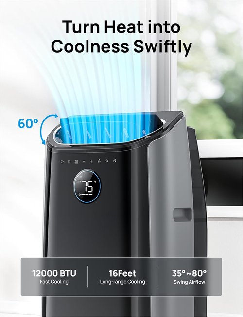 DREO 12,000 BTU Portable Air Conditioner - Quiet 46dB Cooling with Smart Features & 24h Timer | Indoor AC Unit