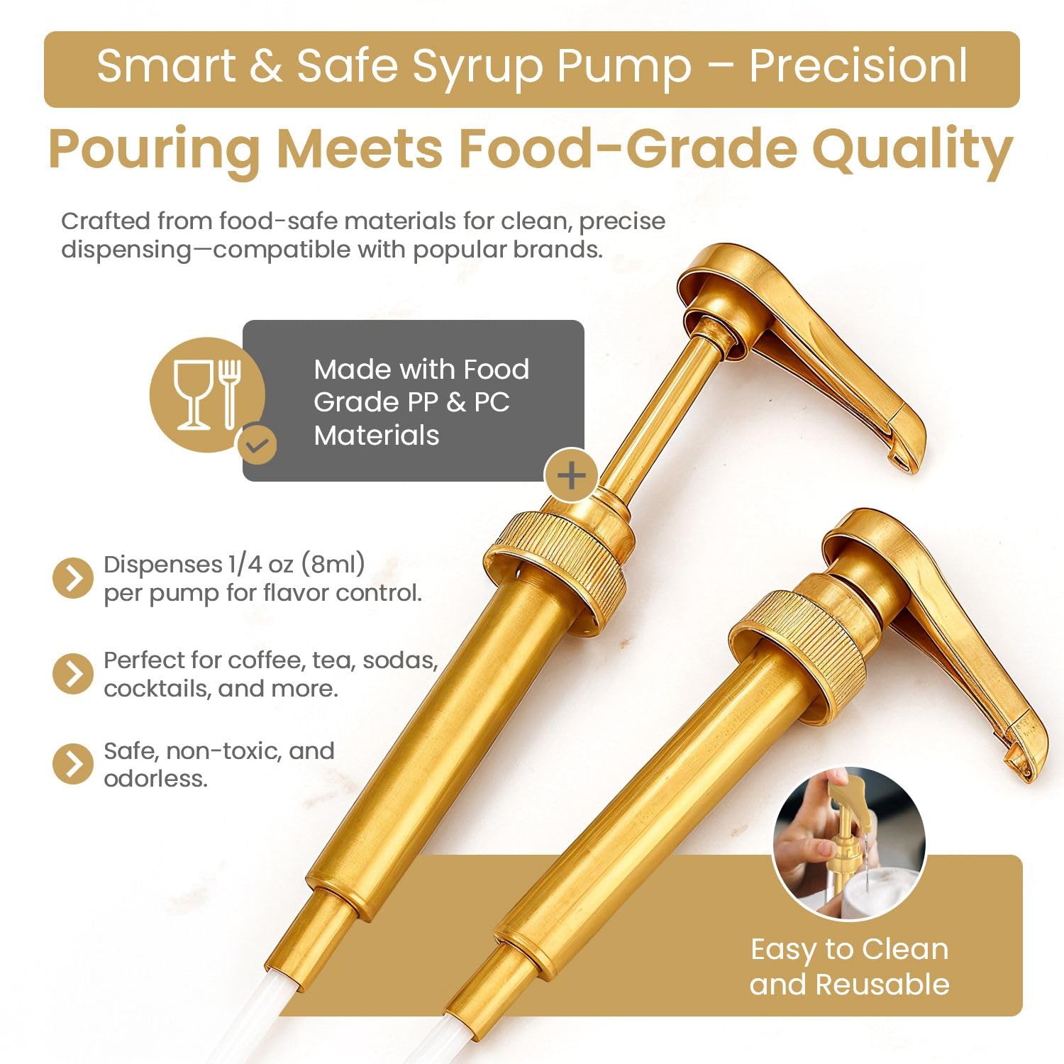Torani Gold Plastic Syrup Pumps - 2-Pack for 750ml Bottles - Ideal Coffee Dispenser - Not for Glass