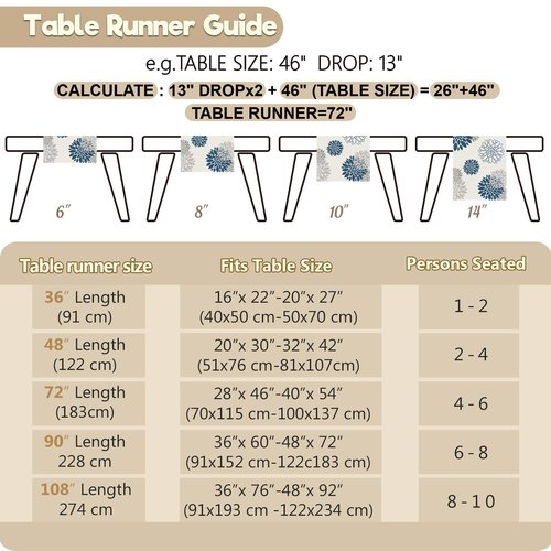 WHOMEAF Blue Gray Table Runner Dahlia Pinnata Flower Beige Table Runners Modern Elegant Pompon Farmhouse Geometric Table Center Decor for Home Dining Party Entrance (13x72 Inch)