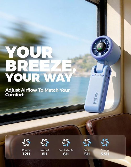 Diveblues Portable Handheld Turbo Fan - 5 Speed Battery Operated Cooling Fan for Travel & Outdoor Use