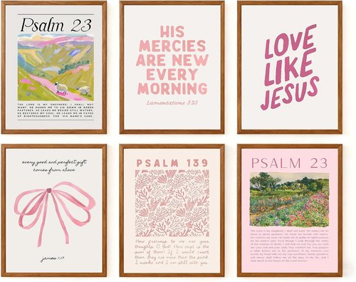 Christian Canvas Wall Art by Pink - Set of 6 Bible Verse Prints | Trendy Scripture Decor for Girls' Rooms