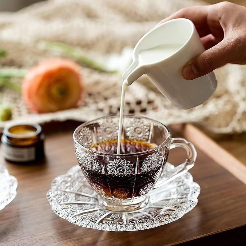 FYUEROPA Glass Coffee Cup Set with Saucer Tempered Glass, for Latte, Espresso, Cappuccino, 7Oz, Set of 6
