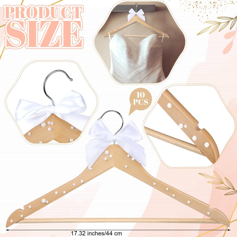 Wonderjune 10 Pcs Bridesmaid Hangers for Wedding Bride Groom Ribbon Bow Pearl Hanger Wood Color Elegant Wooden Dress for Bridal Shower Tuxedo Photo Keepsake Party Gift(Pearl Bow,White)