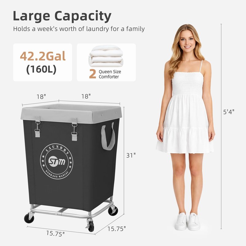STORAGE MANIAC Commercial Laundry Hamper with Heavy Duty Steel Frame, 160 L Industrial Laundry Basket Cart with Wheels for Hotel, Home, Laundry Room, 17.72''L x 17.72''W x 30.91''H, Medium Black