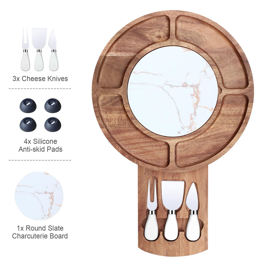 13.5" Round Acacia Wood Cheese & Charcuterie Board Set with Slate Chiller, Hidden Drawer & 420 Stainless Steel Knives/Forks - Ideal Wedding, Housewarming, Birthday Gifts