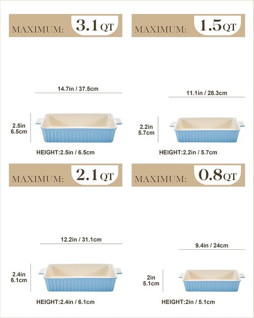 MALACASA Bakeware Set - 4-Piece Porcelain Baking Pans for Oven | Blue Casserole Dishes (9.4"-14.7")
