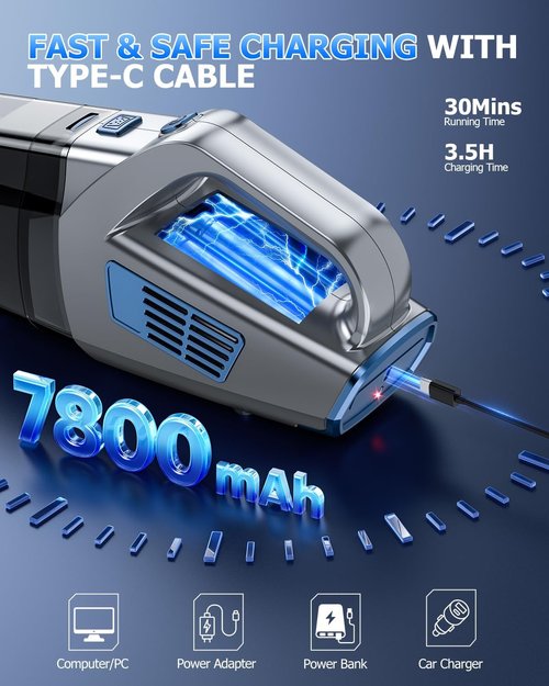 BQYPOWER Cordless Handheld Vacuum - 16000PA Strong Suction, Rechargeable with Accessories | Portable for Car & Home