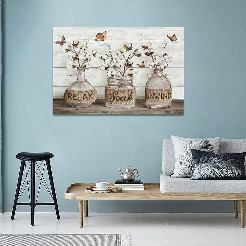 Tijuboni Farmhouse Bathroom Decor Wall Art Rustic Cotton Flower Pictures Canvas Prints Country Relax Soak Unwind Bathroom Sign Butterfly Artwork Modern Home Decor Ready to Hang 16"x24"
