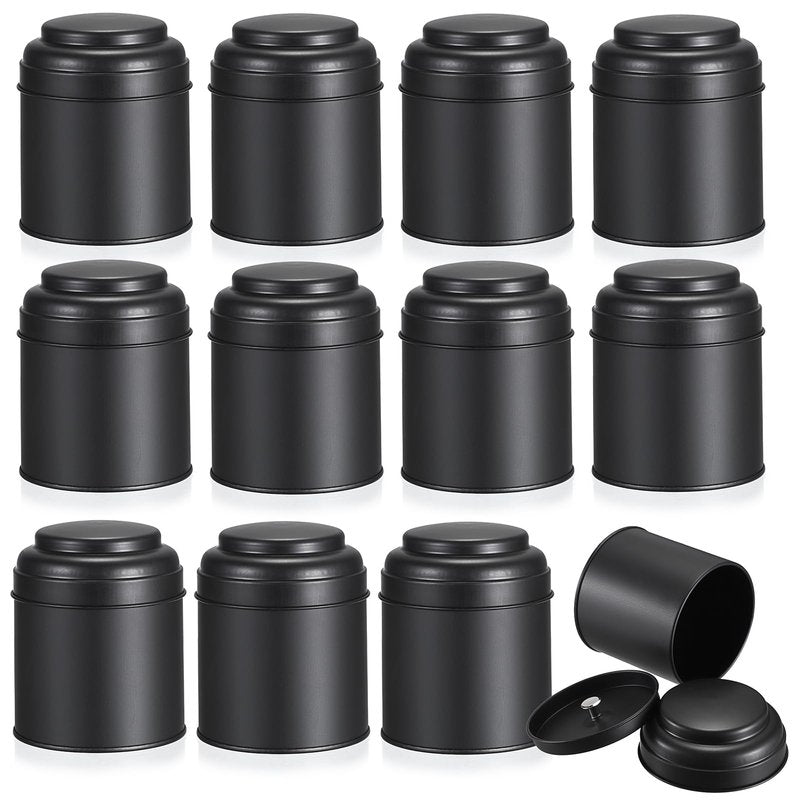 JUXYES 12 Pack Tea Tins Canister with Airtight Double Lids, 8 fl oz Loose Leaf Tea Storage Airtight Kitchen Canisters Tins Can Box for Storage Loose Tea Coffee Herbs and Spices, Black