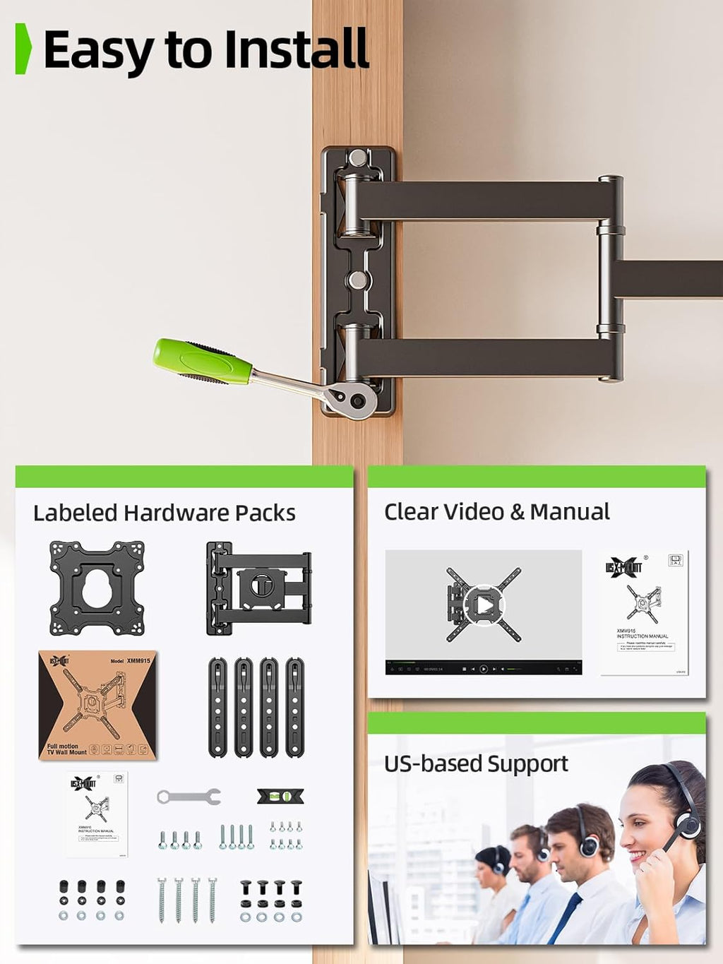 USX Mount Full Motion TV Wall Mount - Swivel & Tilt for 26-60 Inch TVs, Max VESA 400x400mm, 77 lbs Capacity