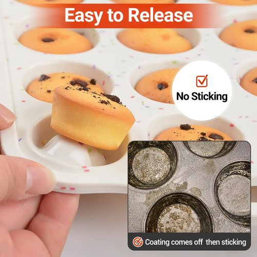 CAKETIME Silicone Muffin Pans - Nonstick 12-Cup & Mini 24-Cup Set with Metal Reinforced Frame for Easy Baking