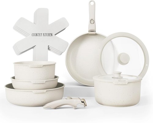 Country Kitchen Cookware Set - Removable Handle, Oven & RV Safe Pots and Pans, Cream Color