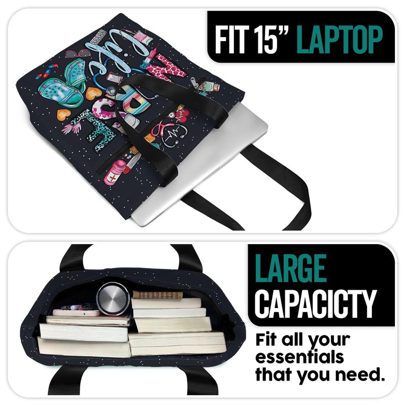 84hoods Aesthetic Tote Bag for Women and Girls. Cute Graphic Nurse Life Tools Large Shoulder Bag 15 inch with Pockets and Zipper for Work. Waterproof Grocery Bag. Gift for Nurse.