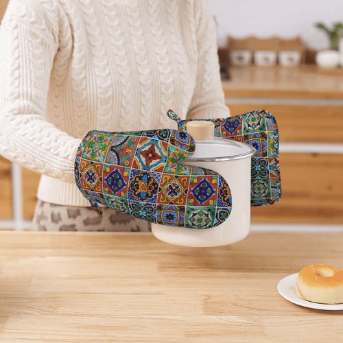 Silicone Oven Mitts and Pot Holders Sets, Home Talavera Mexican Tiles Heat Resistant BBQ Gloves for Kitchen Baking Cooking Grilling Microwave