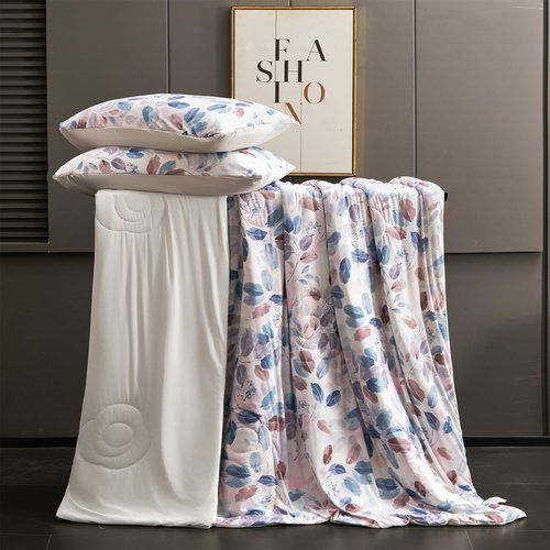 Cyusri Print Cooling Comforter Set 2Pcs Breathable Cool Twin Size Bedding Set with 1 Pillowcase Leaf Pattern Silky Cold Quilt, Blue 68"x90"