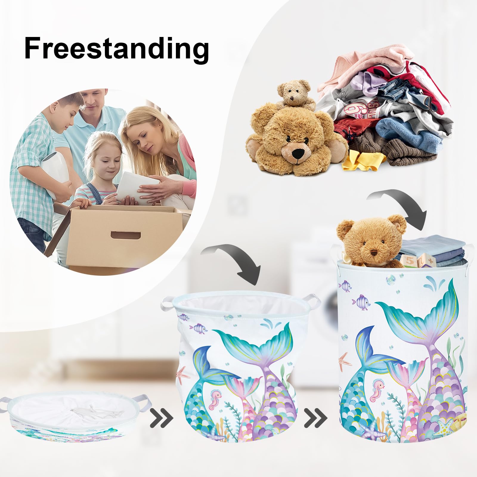 HUUMONSS Fantasy Princess Laundry Hamper Colorful Large Storage Basket Collapsible Parents Organizer Kids Toy Clothes Bins for Bedroom, Bathroom, Mermaid, 63L