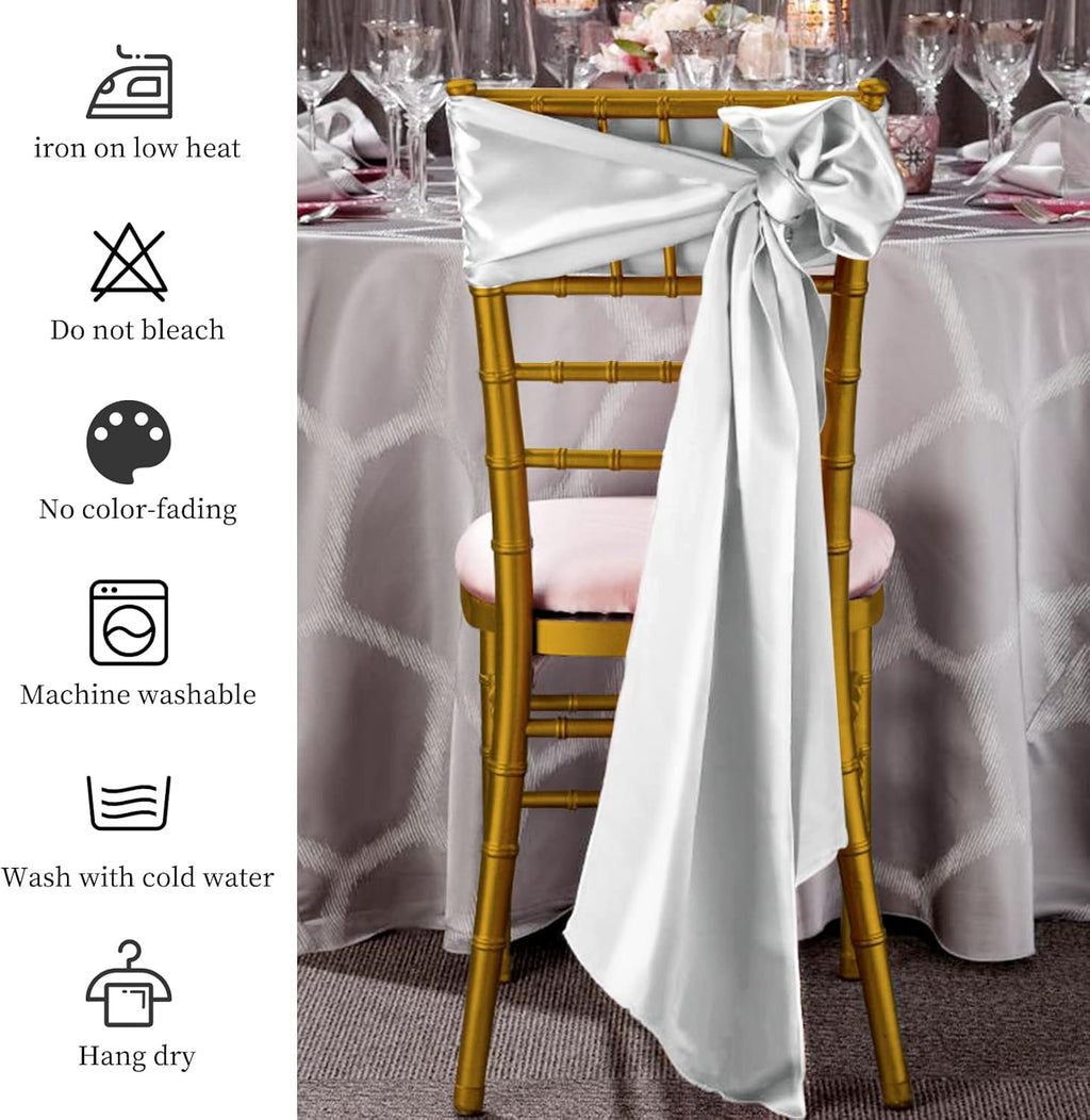 Showgeous Silver Satin Chair Sashes - 60 PCS Elegant Bows for Wedding & Event Decor | 7 x 108 Inch