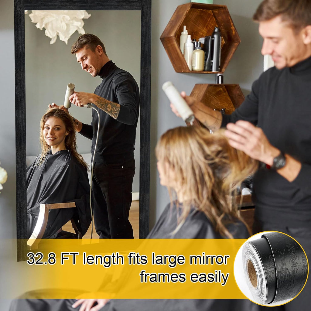 Peel & Stick Black Wood Grain Wallpaper Border by [Brand Name] - Stylish Bathroom Mirror Frame | 32.8 FT x 3.93 Inch