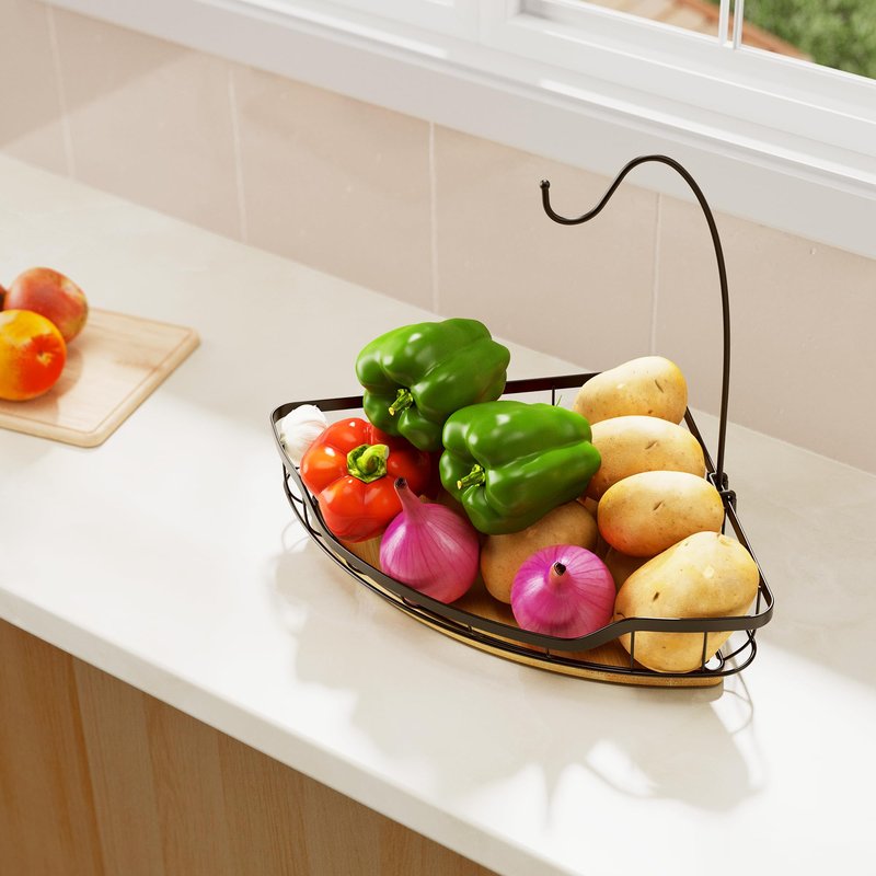 CACHOLIV Fruit Holder for Kitchen Countertop with Banana Hanger, Vegetable Basket with Bamboo Base for Kitchen Corner Storage, Black