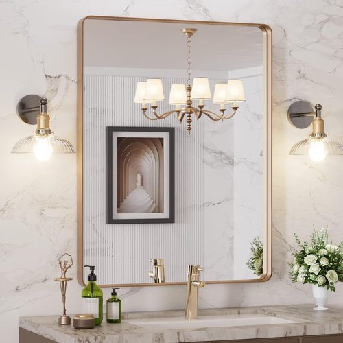 LOAAO Gold Bathroom Mirror - 28”X36” Rounded Rectangle Design | Anti-Rust Tempered Glass, Wall-Mounted