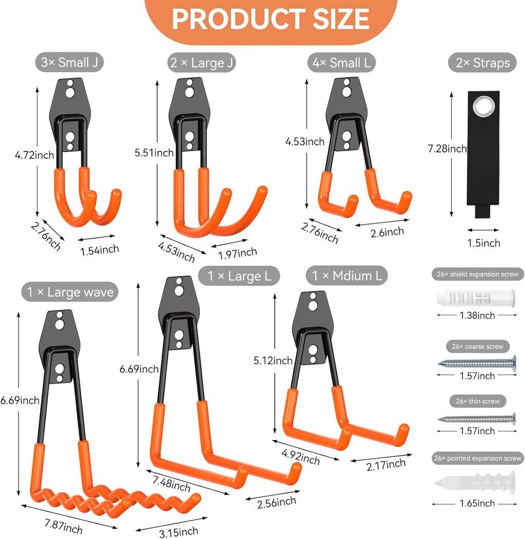 Skiennix Heavy Duty Garage Hooks - 14 Pack Utility Steel Wall Mount Tool Organizer for Bikes, Ladders & Garden Tools