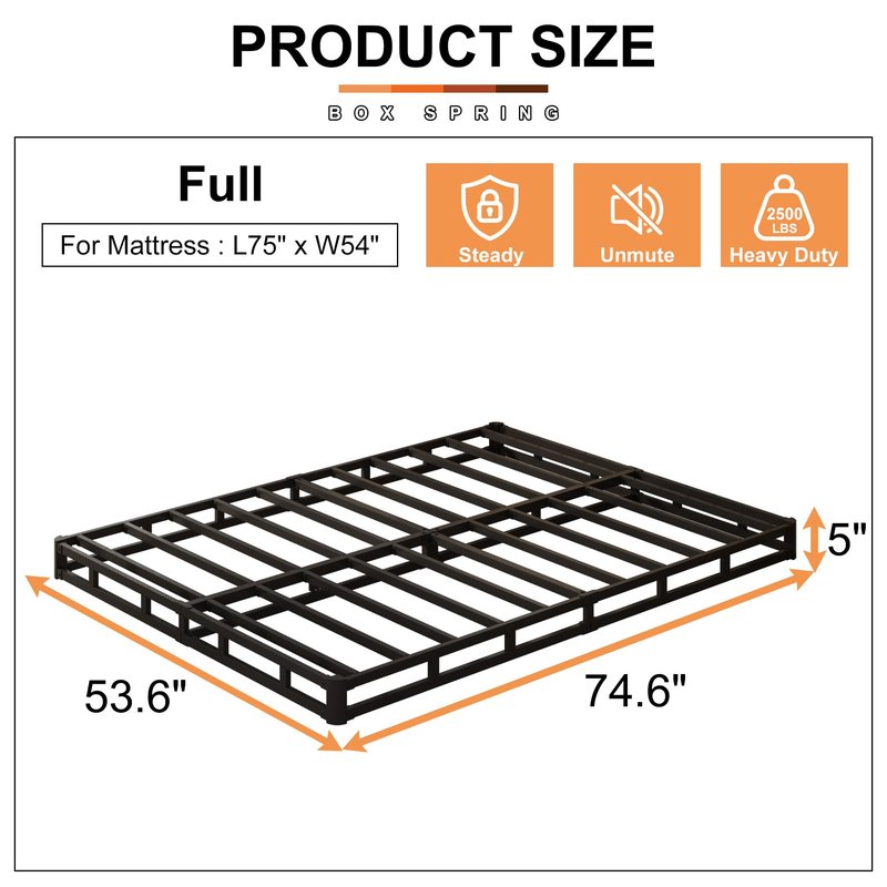 EMODA 5 Inch Box Spring Full Size Bed Base, 3000 LBS Heavy Duty Metal Mattress Foundation with Fabric Cover, Easy Assembly, Black