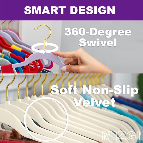 MIZGI Ivory Velvet Hangers - 60 Pack Premium Non-Slip Felt Clothes Hangers | Heavy-Duty Space-Saving Design