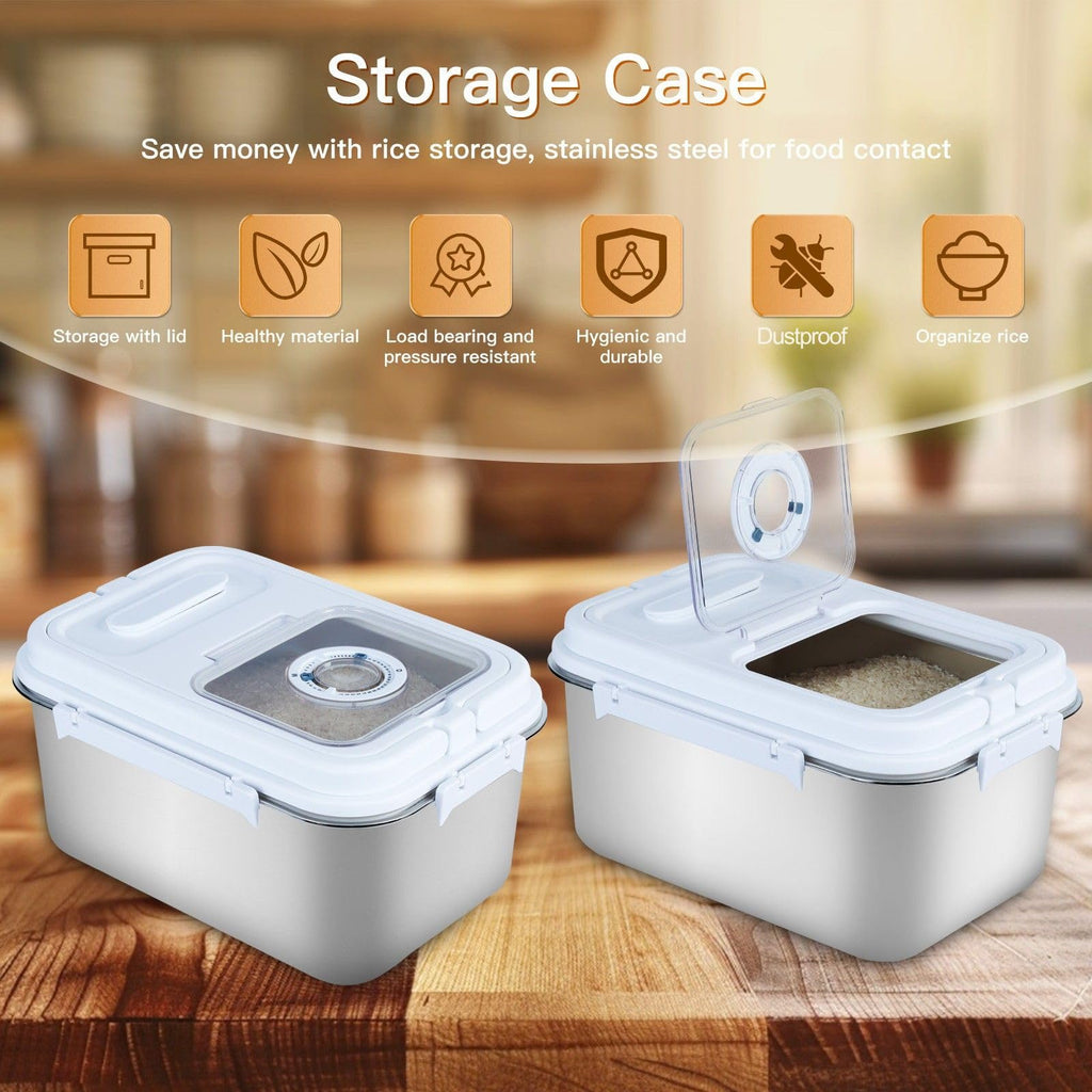 Mairuker 20Lbs Airtight Rice Container with Flip Lid, Stainless Steel Food Storage Container with Date Tracker, Measuring Cup and Spoon, 10L Portable Kitchen Pantry Bin for Flour Grain Sugar - Silver