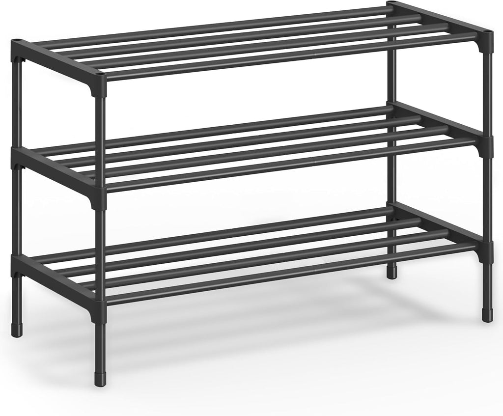 SONGMICS 3-Tier Shoe Rack - Compact Metal Organizer for Small Spaces | Stackable Design, Black, 11.8 x 24.5 x 19.1 Inches