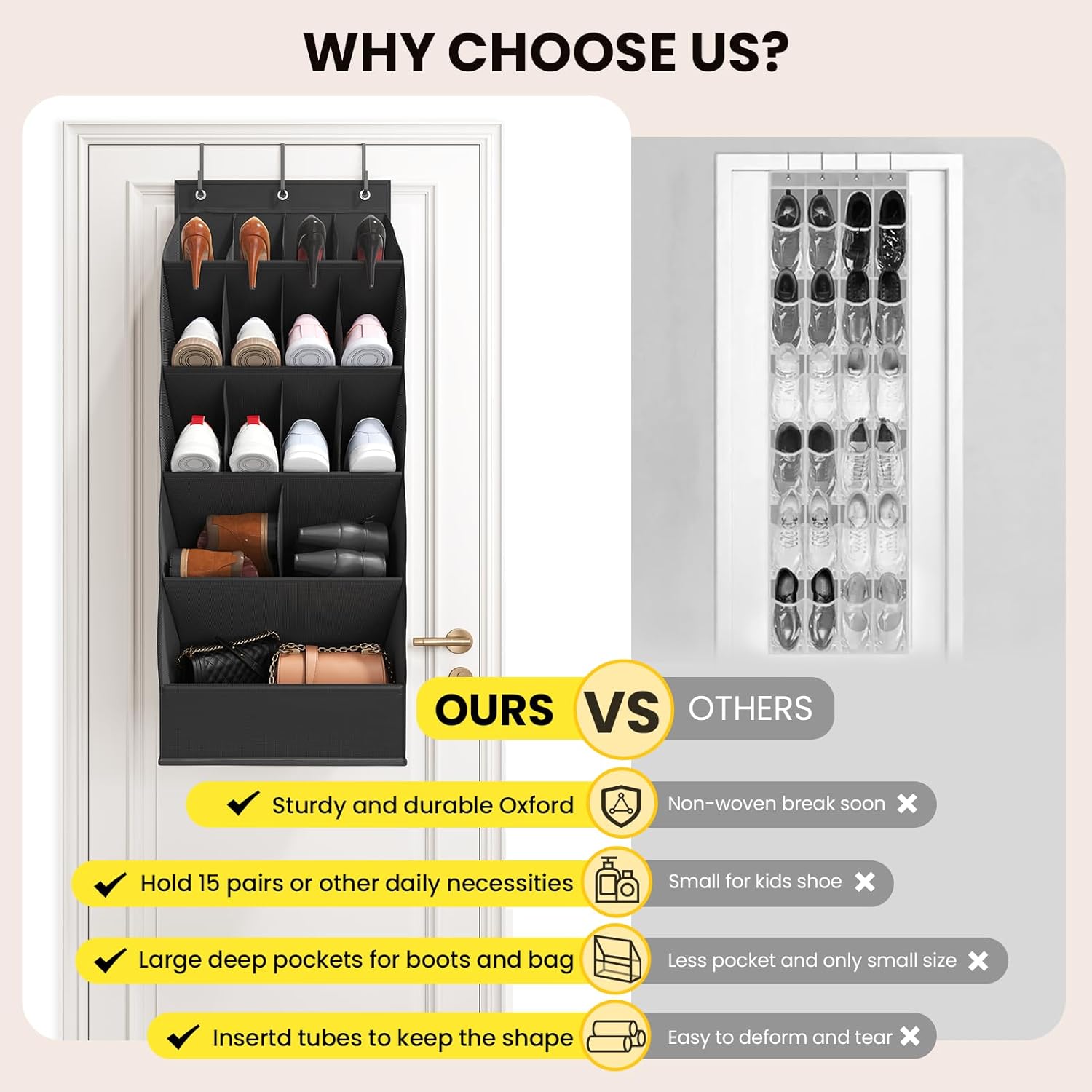 Skiennix Over The Door Shoe Organizer - 18 Pairs Capacity with Large Breathable Pockets | Black
