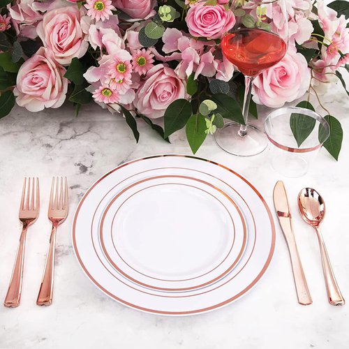 350 Piece Dinnerware Set for Wedding & Party,50 Guest RimPlastic Plates,50 Plastic Silverware,50 Cups,50 Linen Like Napkins (Rose Gold)