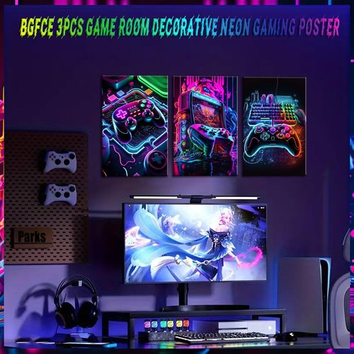 BGFCE Game Room Decor - Set of 3 Neon Gaming Canvas Posters | 12x16 Inch Unframed Art for Boys' Bedrooms