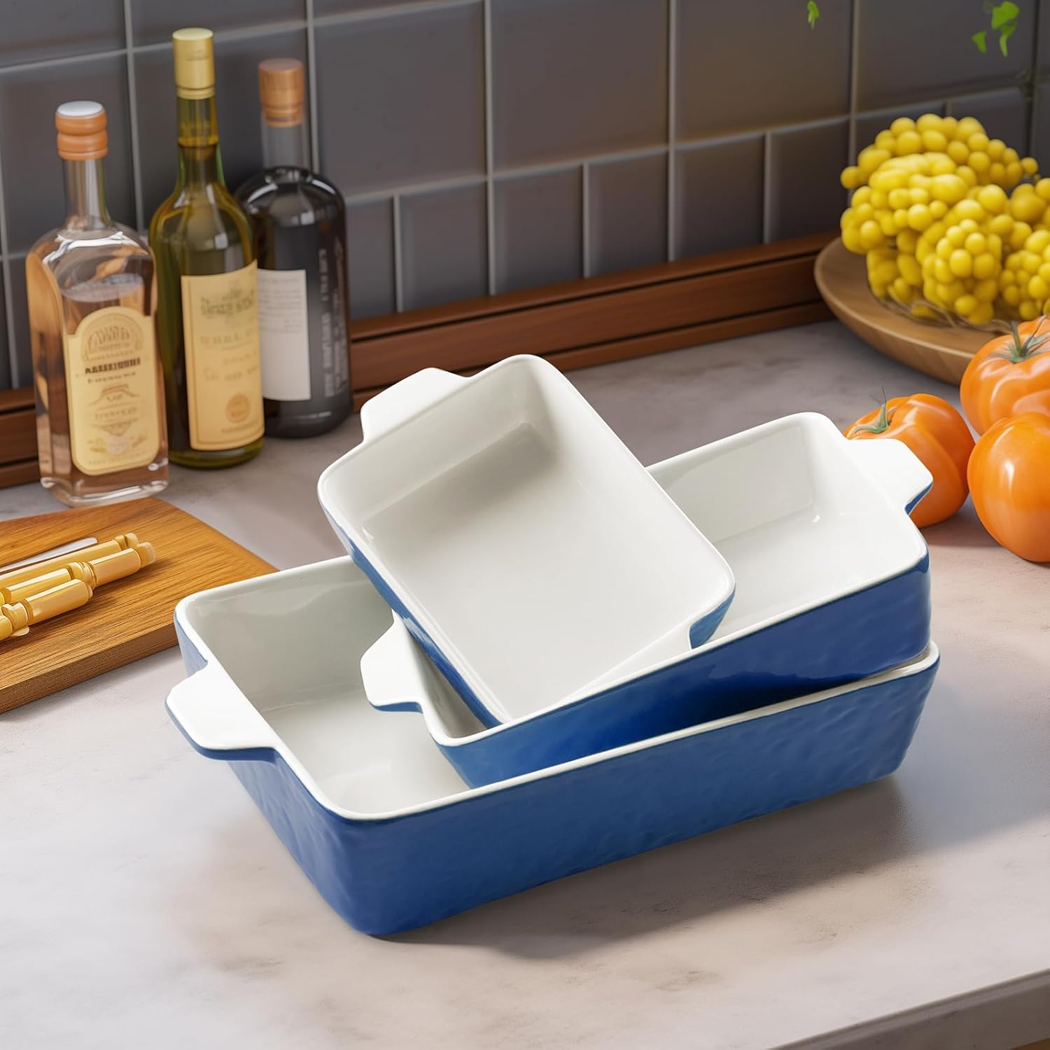 Regine Switzerland Casserole Dishes - Ceramic Baking Pan Set of 3 | Deep Lasagna Dish with Handles (11.6" x 7.8", Dark Blue)
