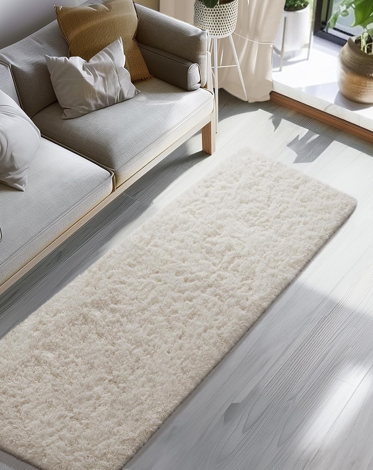 Ophanie 2x8 Runner Rug - Non-Slip Fluffy Soft Ivory Shaggy Carpet for Hallway & Bedroom Decor