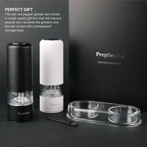 PrepSealer Electric Salt and Pepper Grinder Set, Battery Operated, Led Light, One Handed Operation, Ceramic Adjustable Coarseness (Black and White)