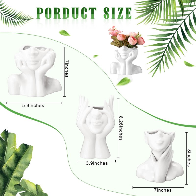 Sieral 3 Pcs Ceramic Face Vase Female Form Flower Modern Body Vase for Decor with Head Half Body Bust Centerpiece for Table Shelf Home Bedroom Room Office(Large,White)