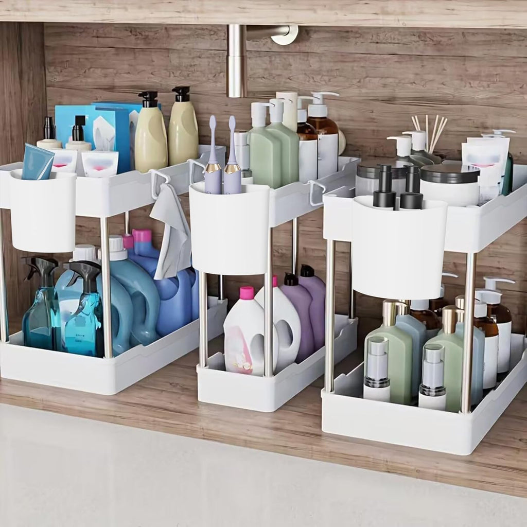 Skiennix 3-Pack Under Sink Organizers - 2-Tier Bathroom Cabinet Shelf with Hanging Cups | White