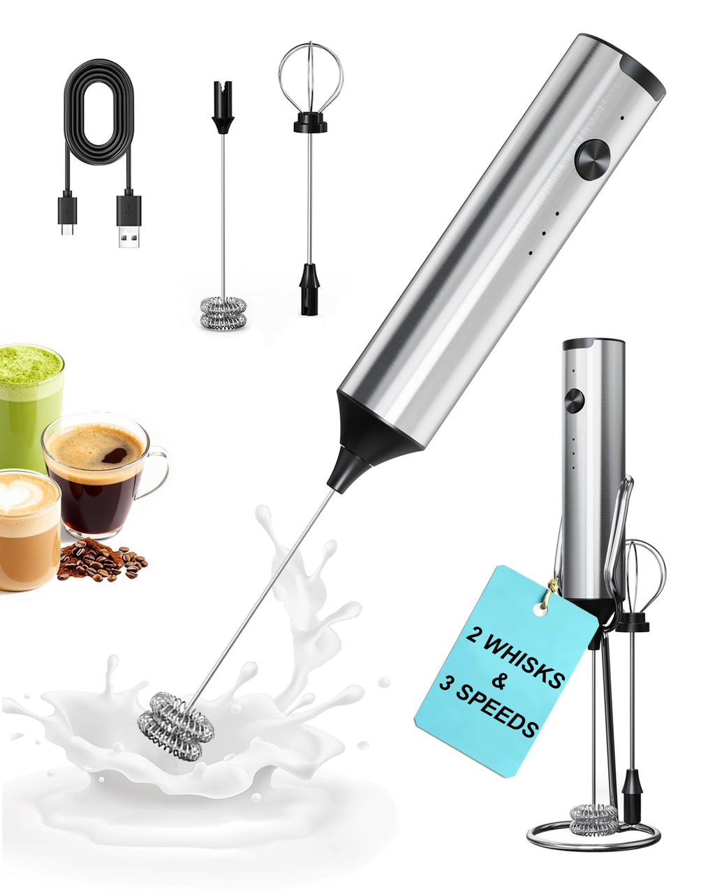 Soenglyun Rechargeable Milk Frother with Stand, Handheld 3-Speeds Coffee frother with 2 Whisks, Electric Frother Wand for Coffee, Latte, Cappuccino, Hot Chocolate, Matcha and Egg Mini Frother, Silver