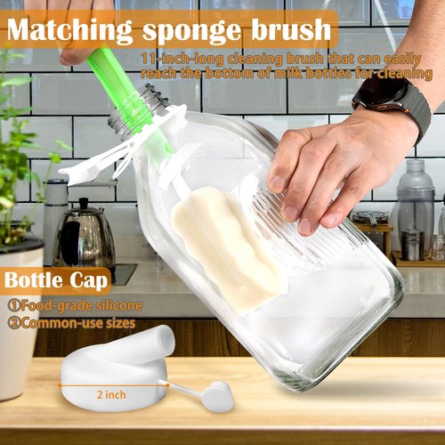 2 Pack 64 Oz Glass Milk Bottles with Nut Milk Bag & 2 Pour Spout & 2 Airtight Lids & Brush- 1/2 Gallon Heavy Duty Jug Pitcher Large Reusable Container for Milk, Juice, Water, Coffee for Refrigerator