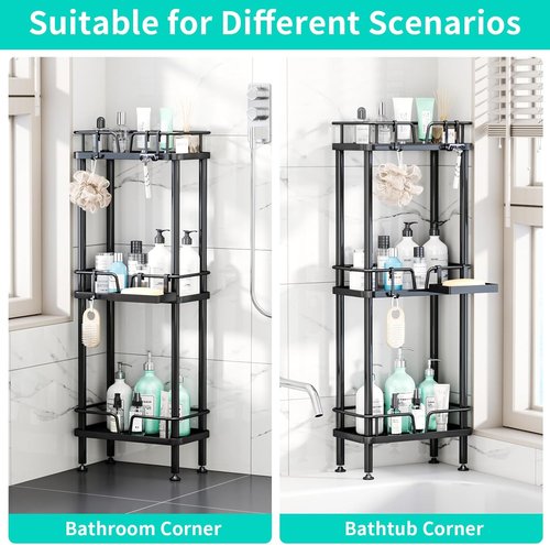 HapiRm 3-Tier Corner Shower Caddy - Rustproof Stainless Steel Organizer with Soap Holder & 4 Hooks | Black