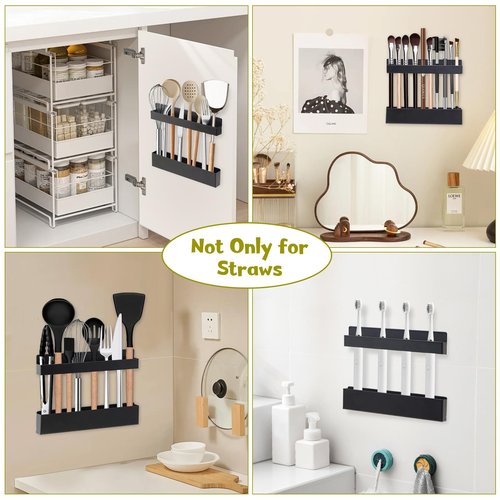 Magnetic Straw Holder for Cabinet Door - Compact Straws Storage Container with Double Sided Adhesive - Drinking Reusable Straws Dispenser for Kitchen Fridge Cupboard
