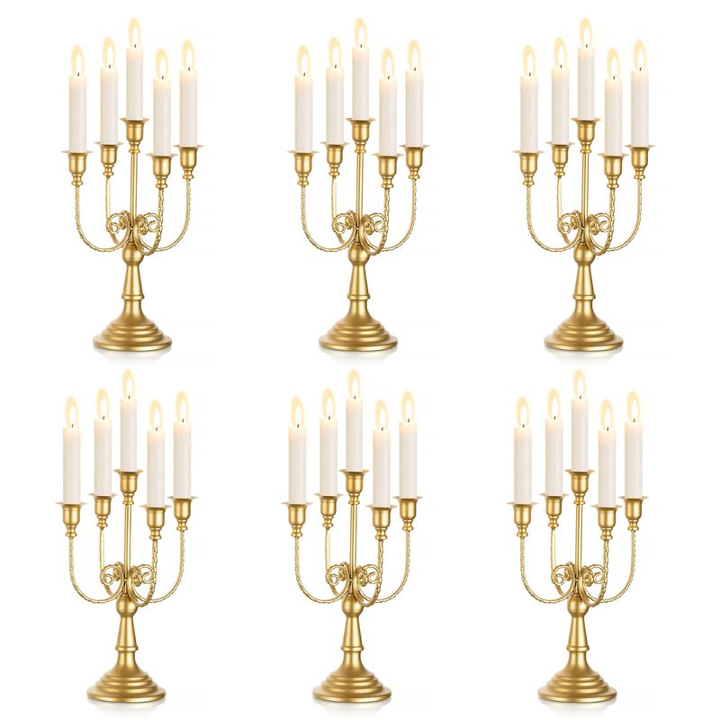 Sziqiqi Candelabra Candle Holder Gold Set of 6-5-arm Metal Candlestick Holders for Taper Candles for Centerpieces Table Wedding Christmas Fireplace Decor Birthday