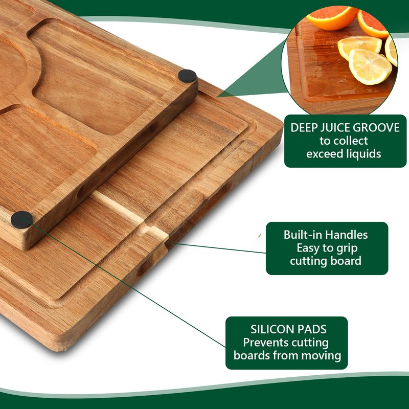 Acacia Wood Cutting Boards for Kitchen Set of 3, Chopping Board with Holder, with Deep Juice Groove Grip Handles, Charcuterie Boards, for Meat, Vegetables and Fruits and Cheese (Set B of 3)