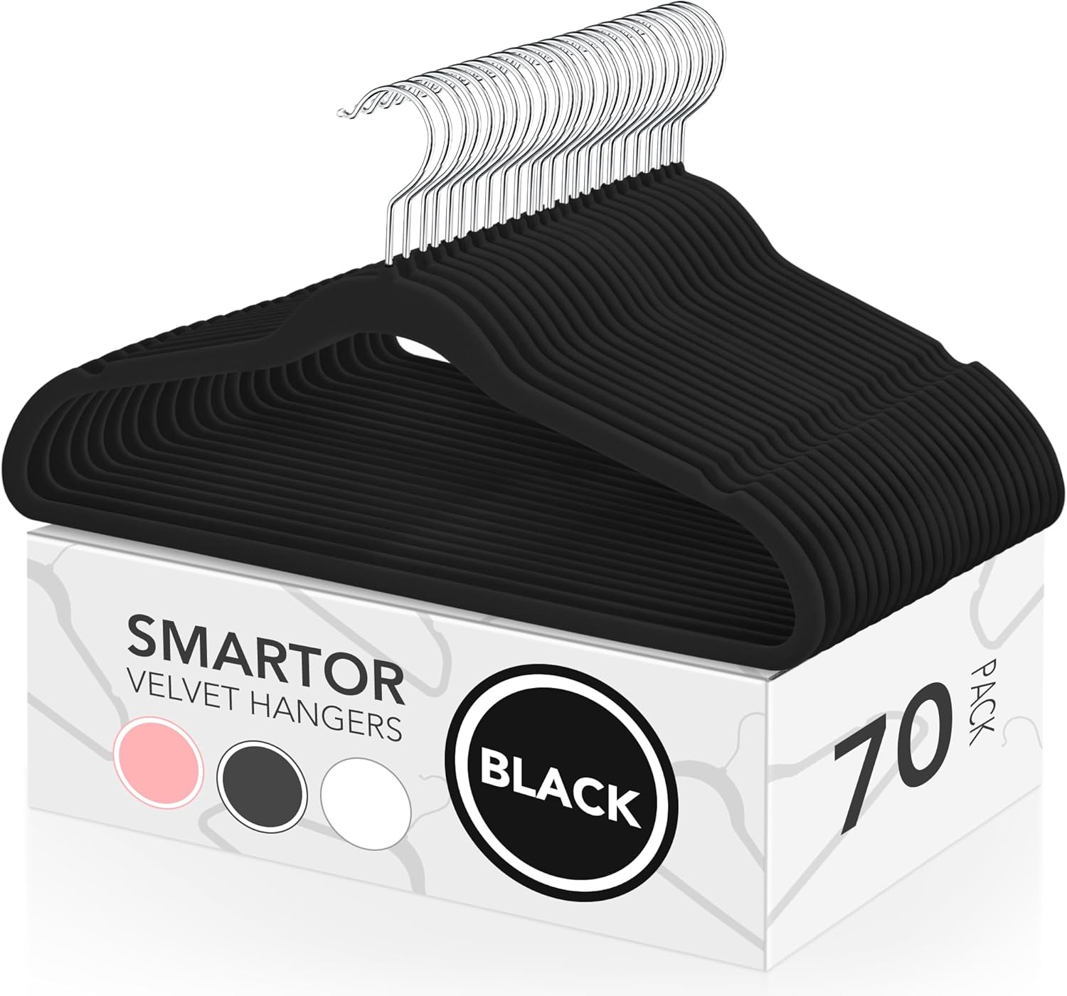 Smartor Velvet Hangers - 70 Pack Black Non-Slip Heavy-Duty Felt Hangers | Slim Space-Saving Design with 360° Rotating Hook