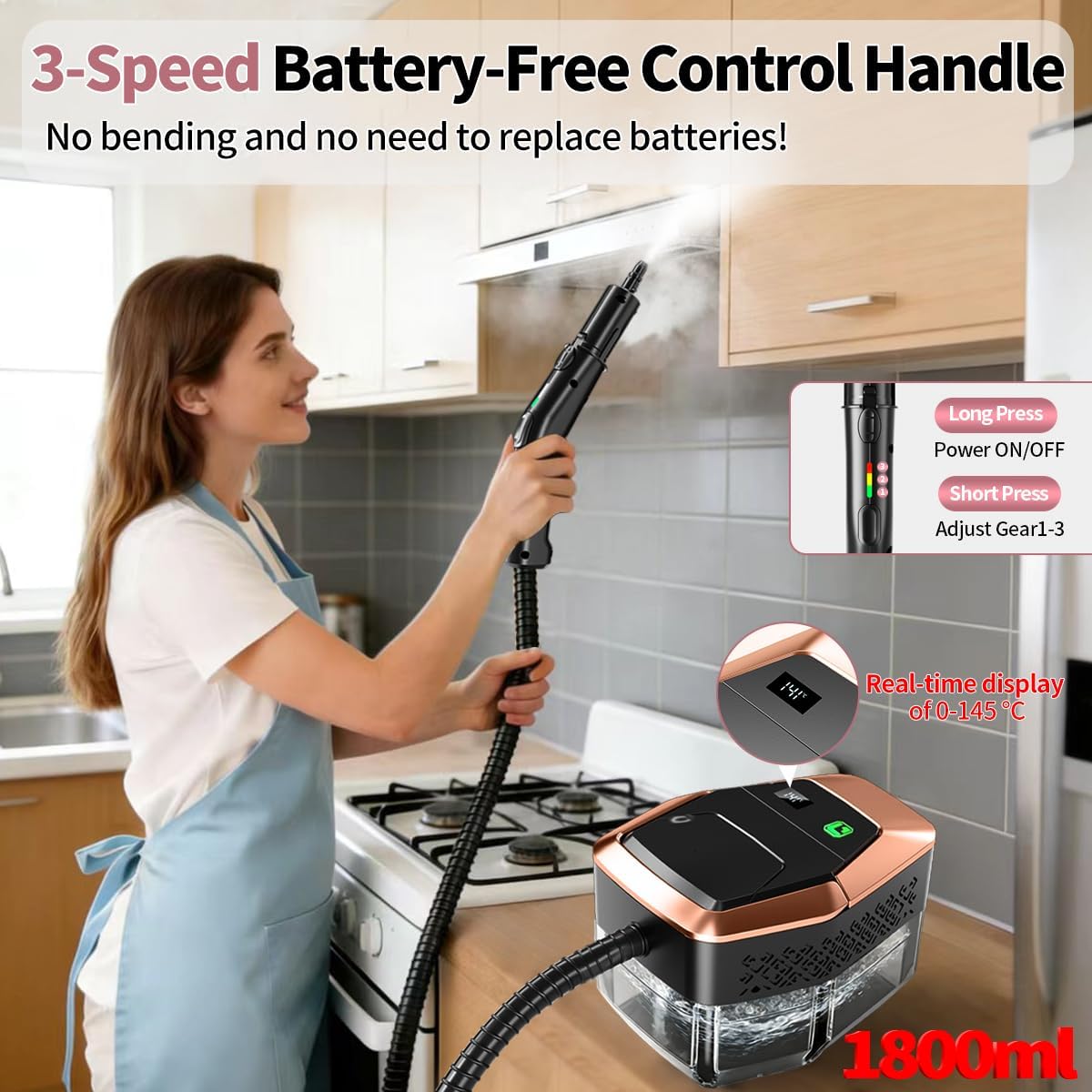 Skiennix Steam Cleaner - 3-Level Adjustable Steamer with 15s Fast Heat & 1.8L Tank for Home & Car Cleaning