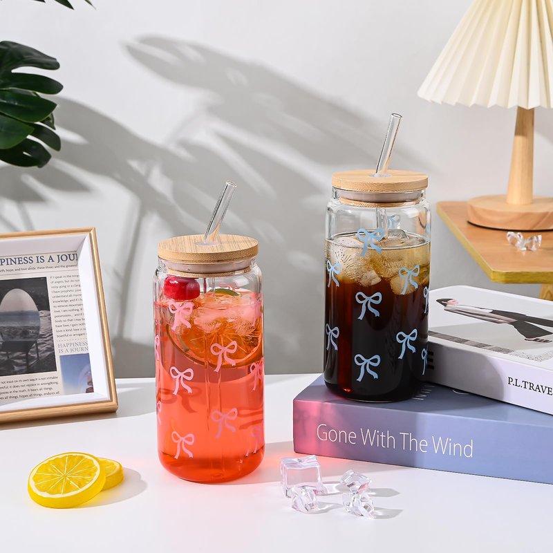 Koythin Glass Cups with Lids and Straws, Adorable Iced Coffee Tumbler for Tea Milk Smoothie Latte Juice, Bow Tie Glasses Drinking Set for Mom Girl Women, 17 oz/480 ml (Blue)